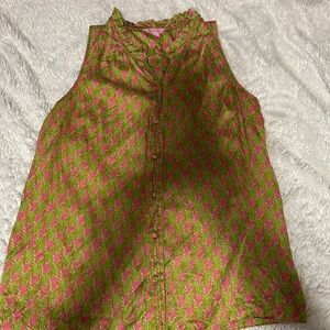 Lilly Pulitzer 100% Silk Pink And Green Button Down Ruffle Neck
Shirt Size 12